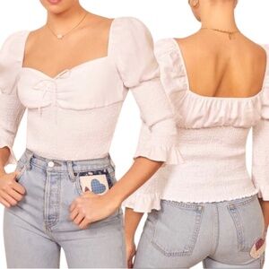 Reformation Haven White Smocked Linen Puff Sleeve Top Size M